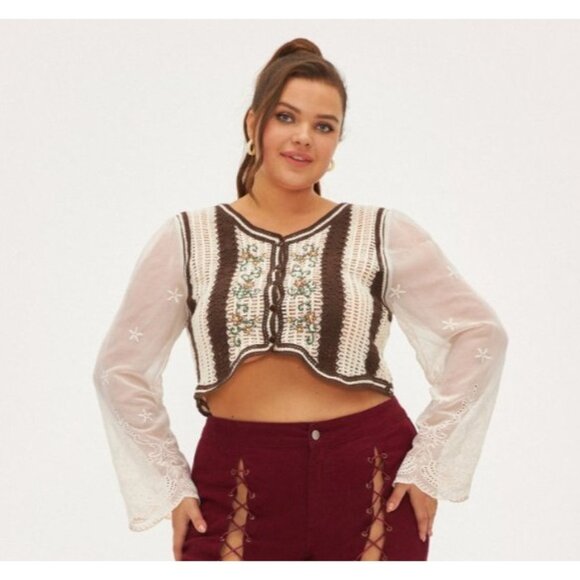 Cider Crochet Embroidered Sheer Sleeve Crop Top Size 4XL Lace Boho - Picture 1 of 15